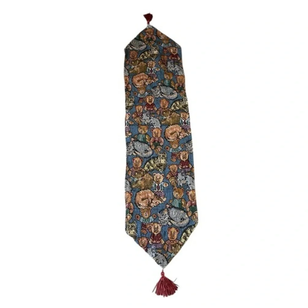 Vintage Teddy Bear & Cats Patterned Table Runner with Tassels